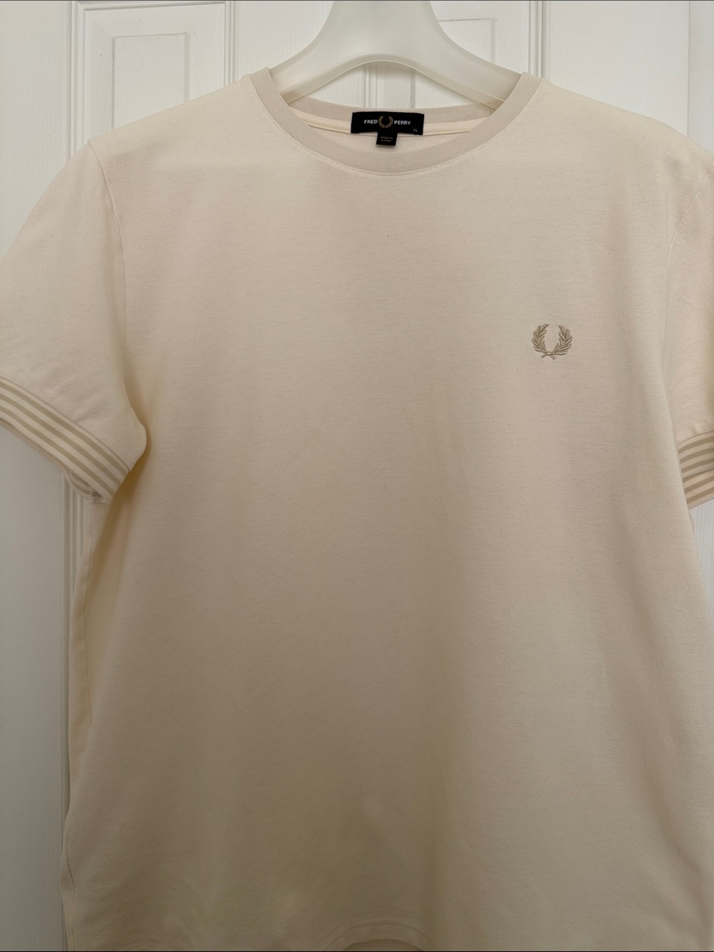 Fred Perry Men's Crew Neck Tee in Light Cream with Subtle Stripe Cuffs